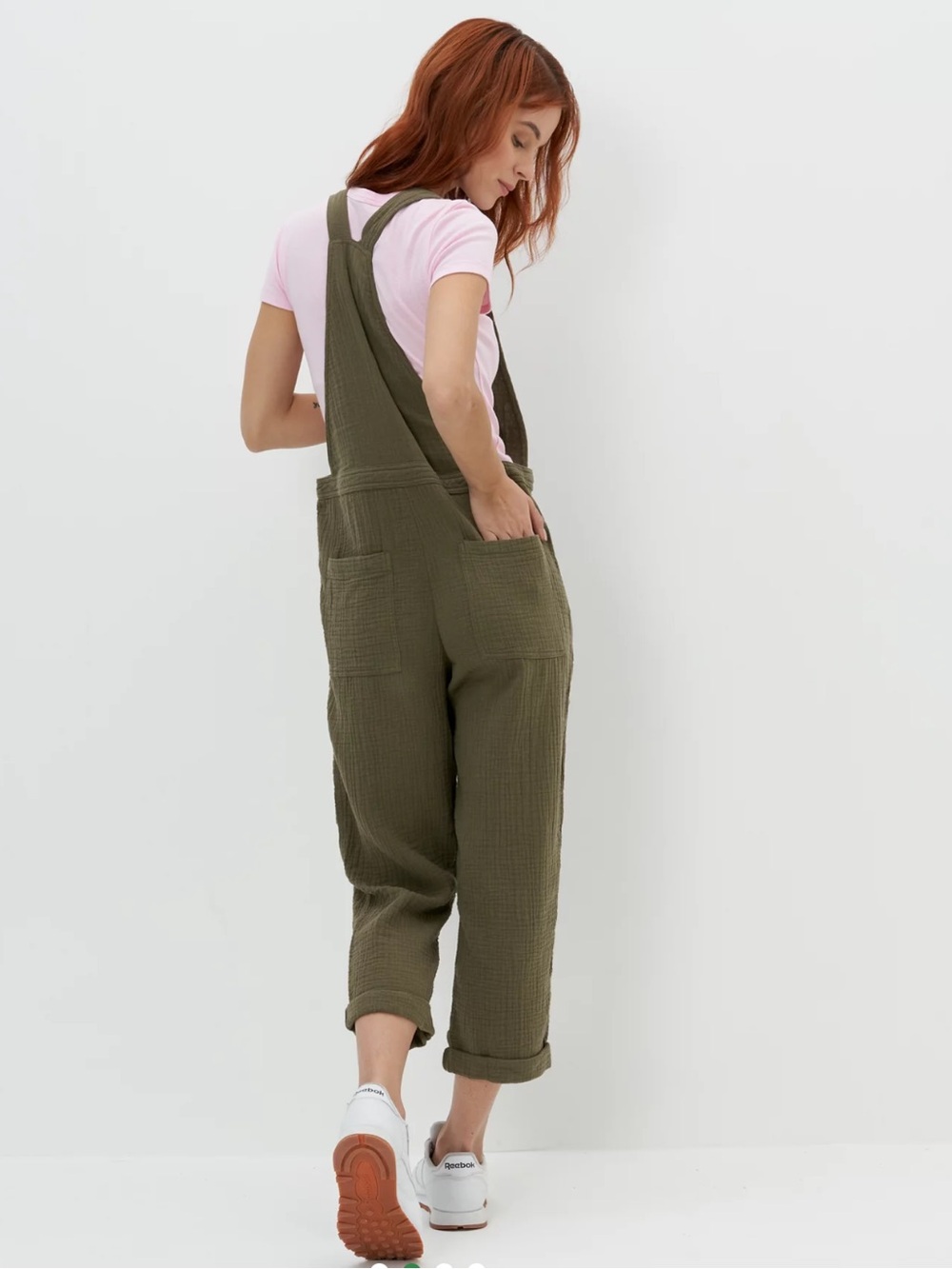 Aerie washed olive lightweight rolled leg overalls gauzy cotton boho hippie - Picture 2 of 15
